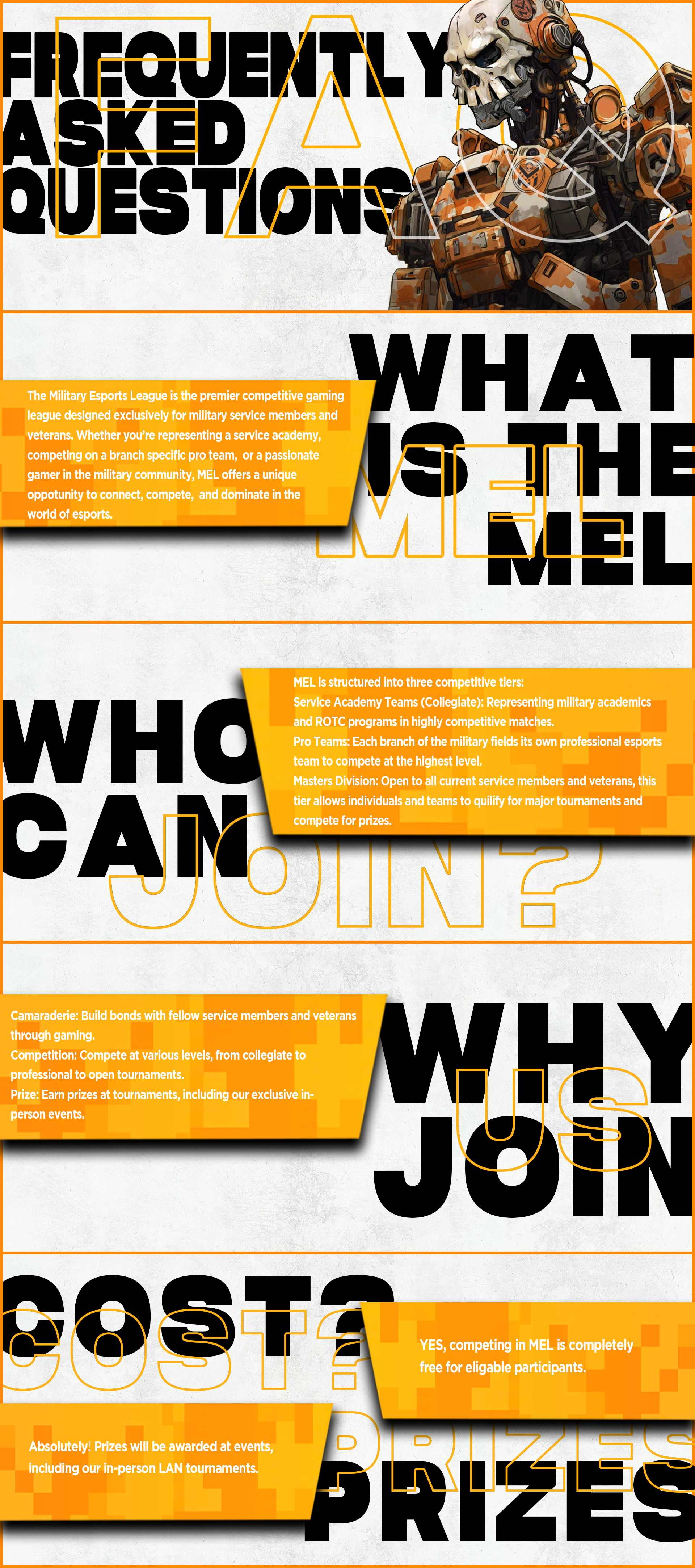 Mobile layout showing the Military Esports League FAQ page