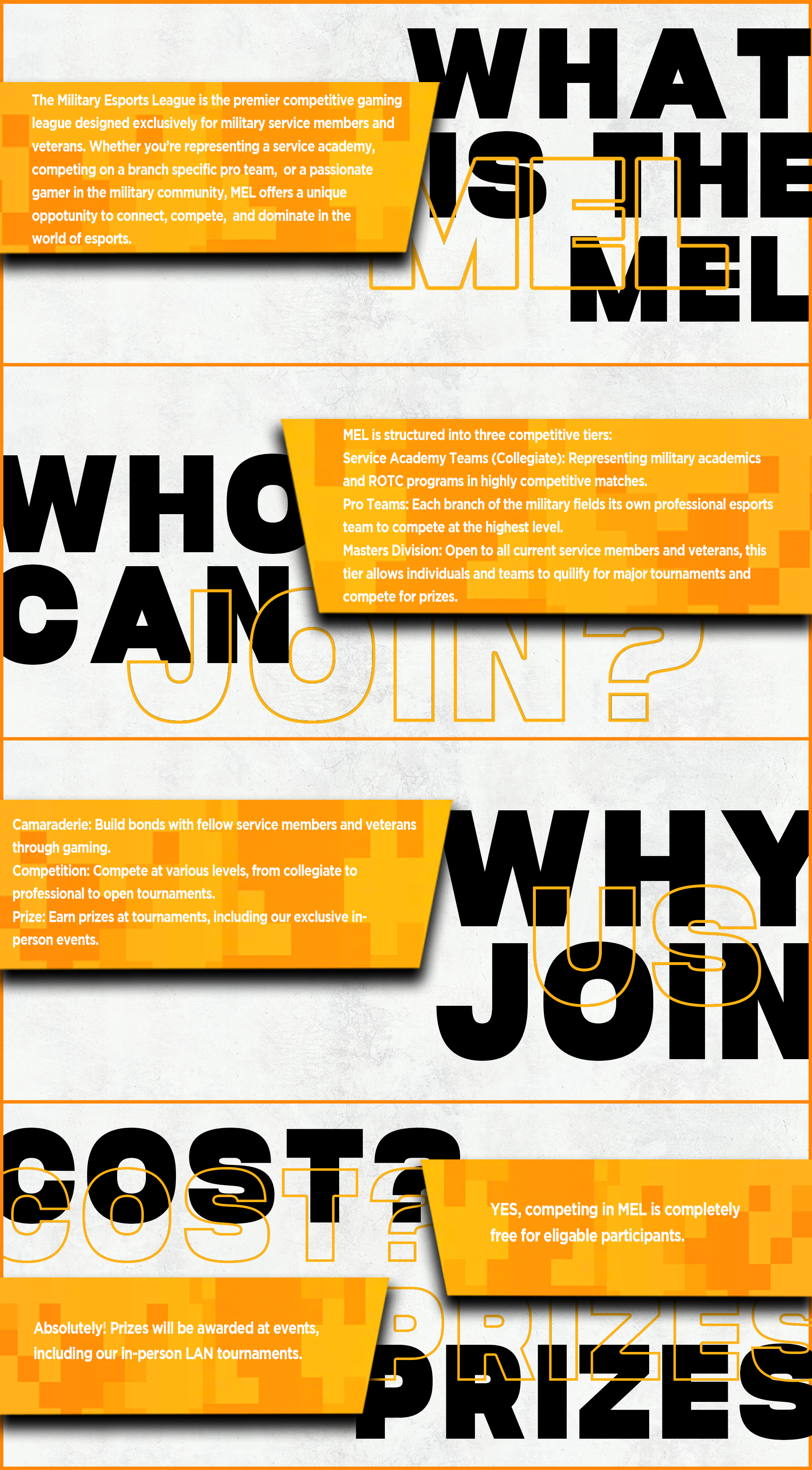 What is the MEL, who can join, why join, cost, and prizes answers for the Military Esports League